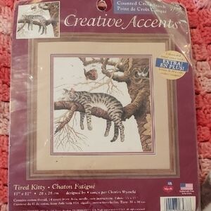 Tired Kitty Cross-Stitch Kit - Brown and Gray